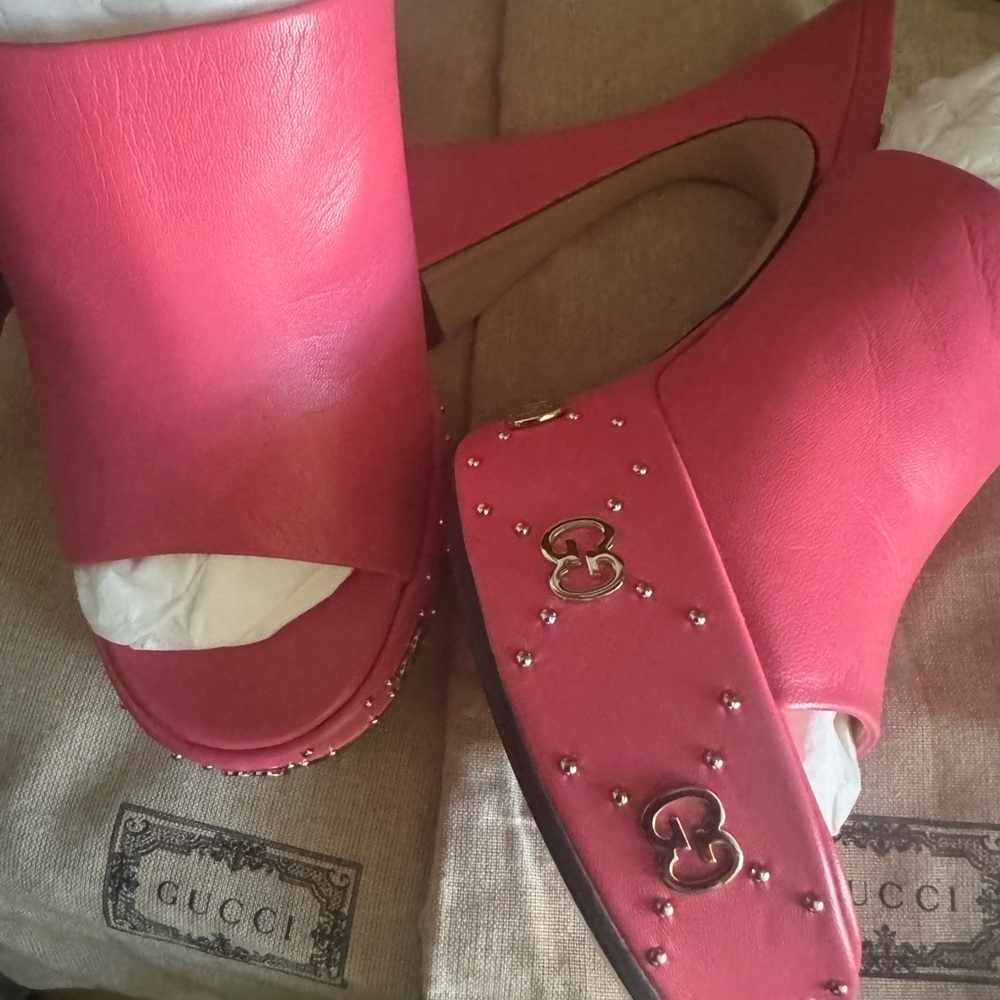 Gucci Women's Janaya GG Studded Heeled Platform Slide Sandals Leather Pink